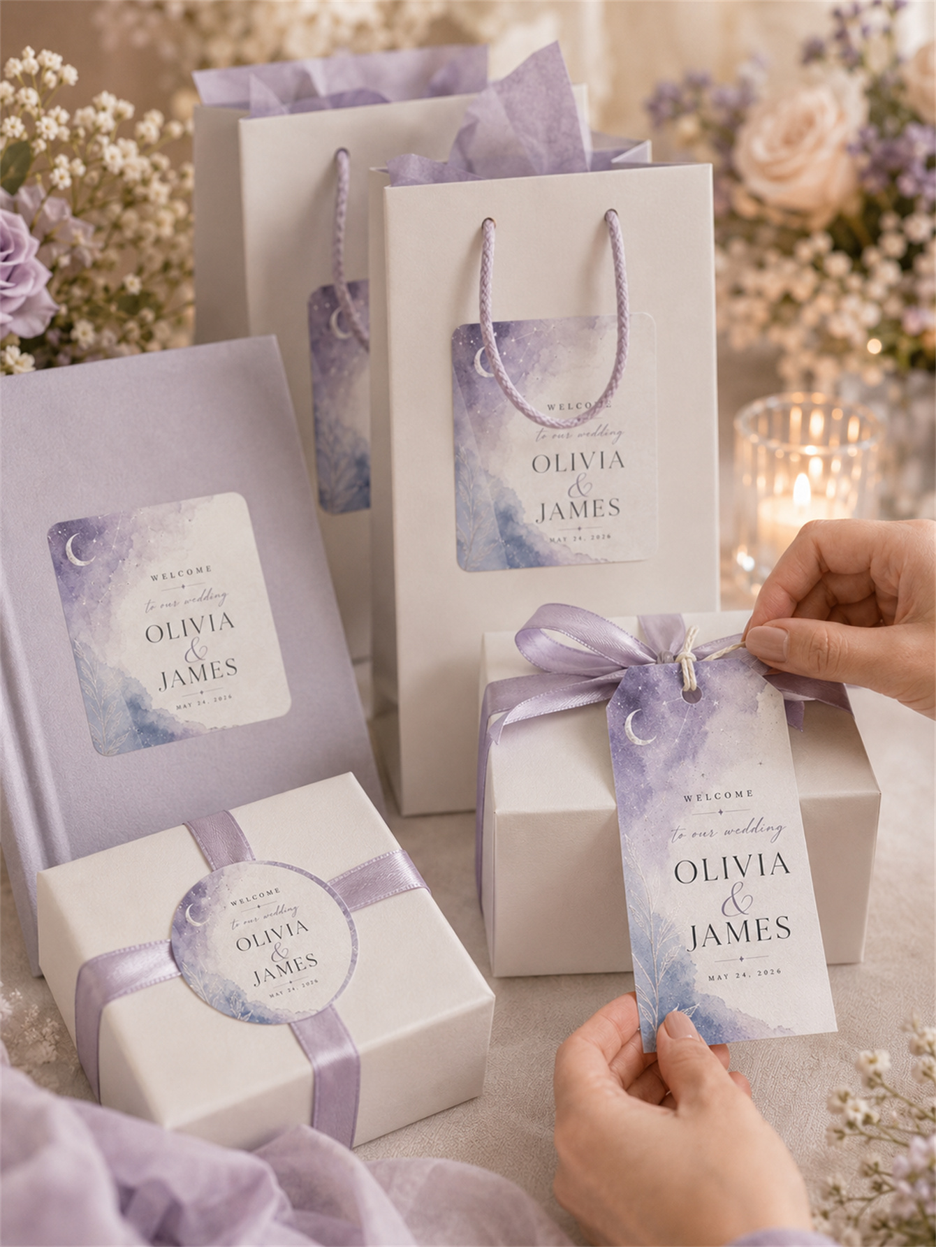Customized celestial lavender wedding decorations - moon, stars and watercolor designs for a luxurious wedding - customized names and dates